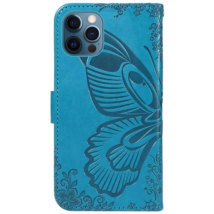 Für iPhone 13 Pro Max Stand Case Butterfly Prägung Leder Handyhülle mit Geldbörse - Blau
