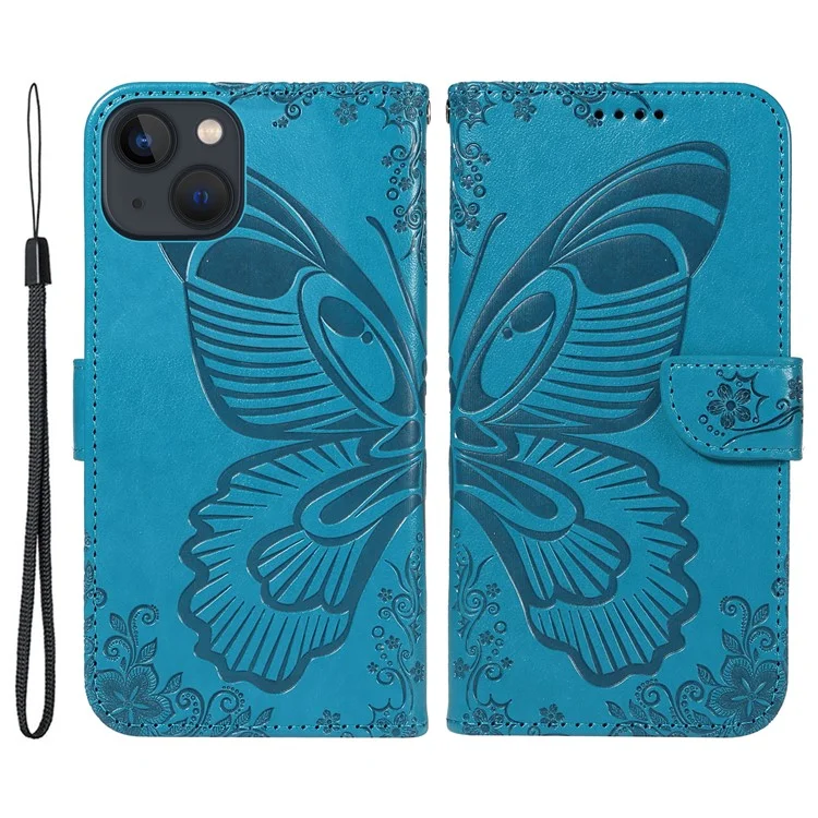 Für iPhone 14 Case Butterfly Pattern Leather Phone Cover mit Wallet Stand - Blau