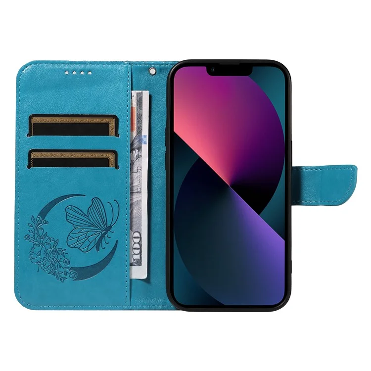Für iPhone 14 Case Butterfly Pattern Leather Phone Cover mit Wallet Stand - Blau