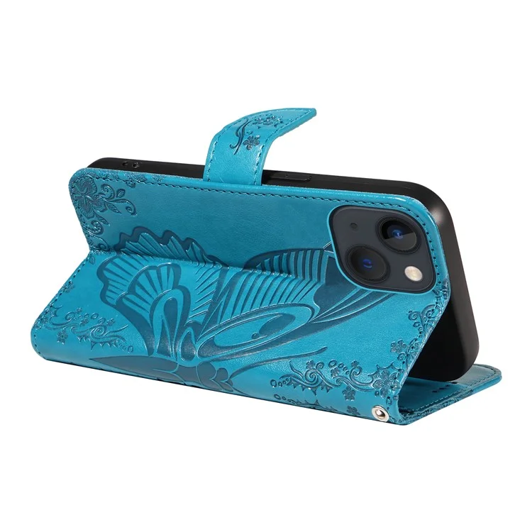 Für iPhone 14 Case Butterfly Pattern Leather Phone Cover mit Wallet Stand - Blau