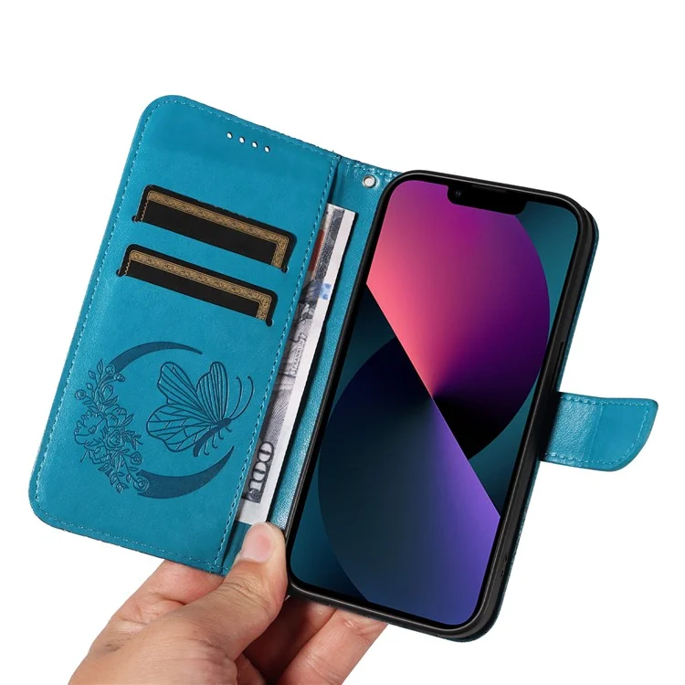 Für iPhone 14 Case Butterfly Pattern Leather Phone Cover mit Wallet Stand - Blau