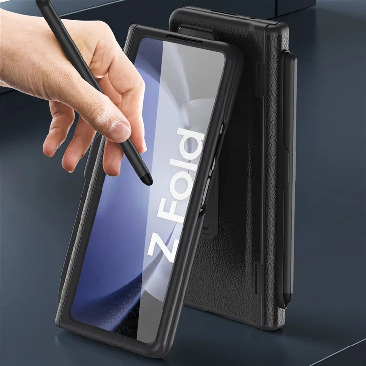 Für Samsung Galaxy Z Fold6 5G Kickstand Case Leder+PC Handyhülle mit Stylus und Panzerglas - Schwarz
