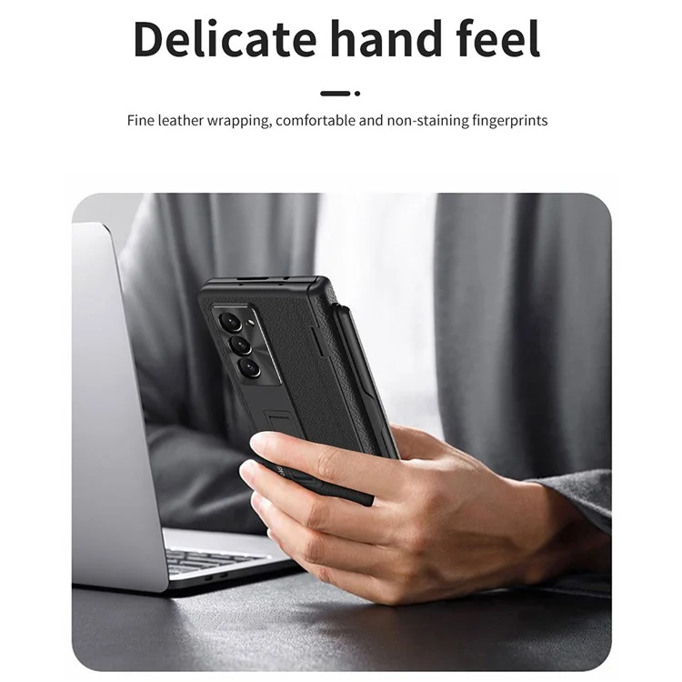 Für Samsung Galaxy Z Fold6 5G Kickstand Case Leder+PC Handyhülle mit Stylus und Panzerglas - Schwarz