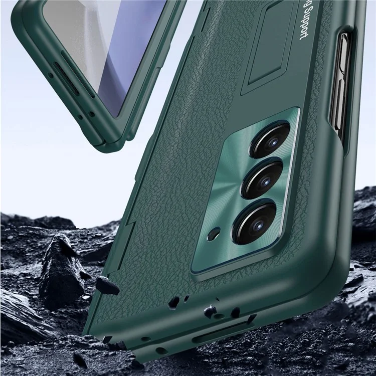 Für Samsung Galaxy Z Fold6 5G Kickstand Case Leder+PC Handyhülle mit Stylus und Panzerglas - Schwarz