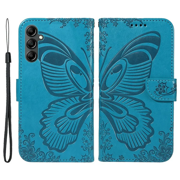 For Samsung Galaxy A14 5G Wallet Phone Case Butterfly Imprint Leather Flip Cover with Strap - Blue