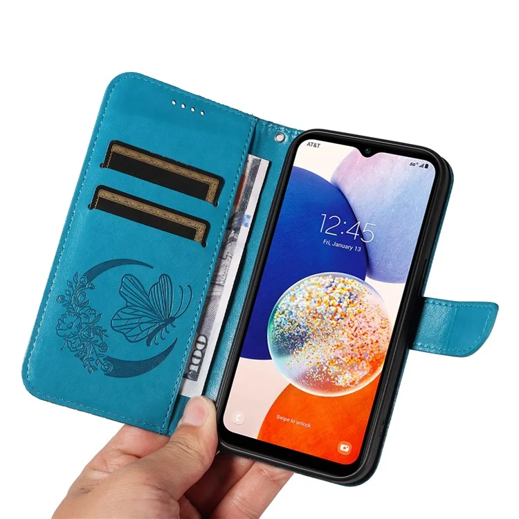 For Samsung Galaxy A14 5G Wallet Phone Case Butterfly Imprint Leather Flip Cover with Strap - Blue