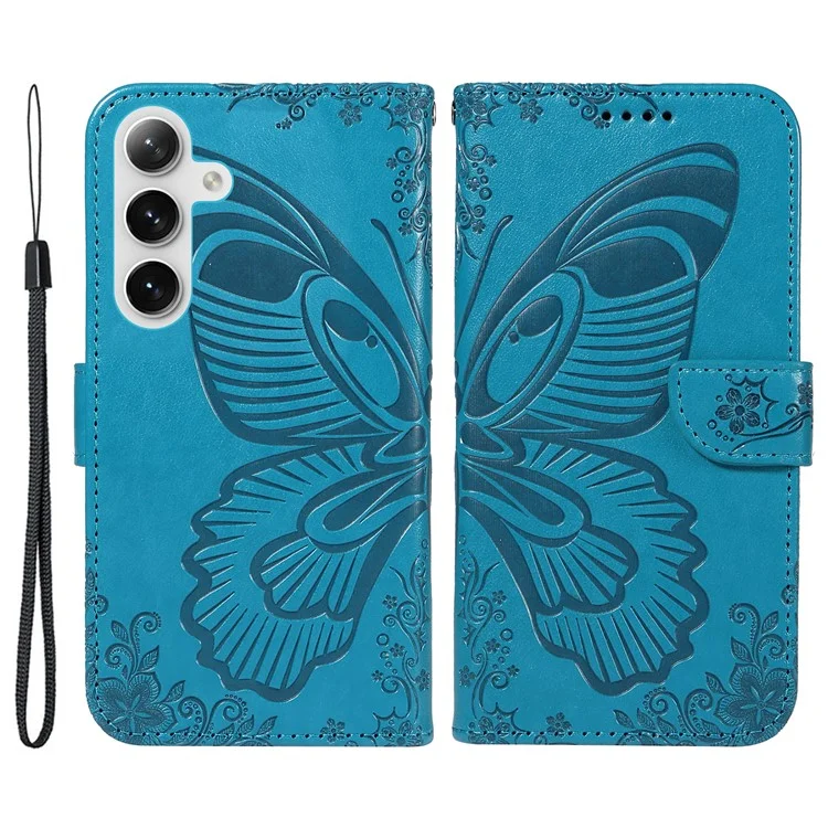 For Samsung Galaxy S25+ / S24+ Case Flip Wallet Butterfly Pattern PU Leather Phone Cover - Blue