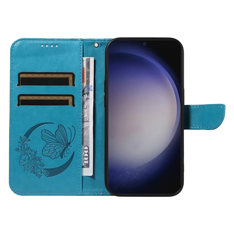 For Samsung Galaxy S25+ / S24+ Case Flip Wallet Butterfly Pattern PU Leather Phone Cover - Blue