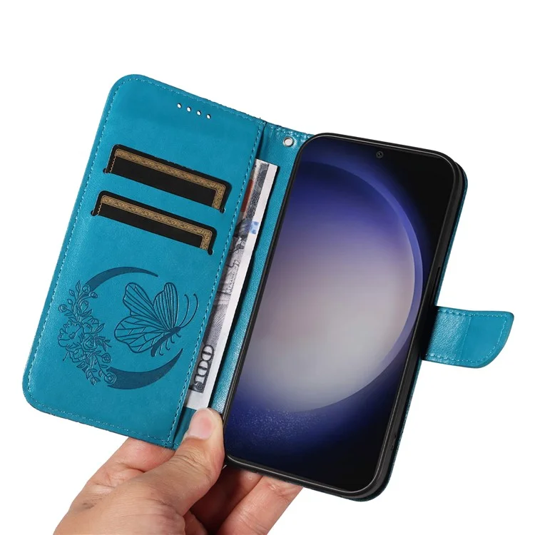 For Samsung Galaxy S25+ / S24+ Case Flip Wallet Butterfly Pattern PU Leather Phone Cover - Blue