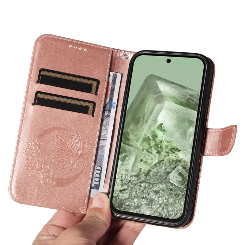 For Google Pixel 8a Case Butterfly Pattern Leather Phone Cover with Magnetic Clasp - Rose Gold