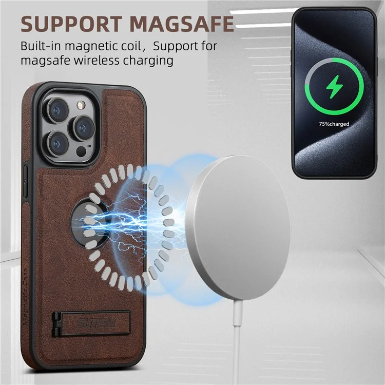 SUTENI G2 For iPhone 12 / 12 Pro Magnetic Case Kickstand Leather+TPU Phone Cover Litchi Texture - Brown