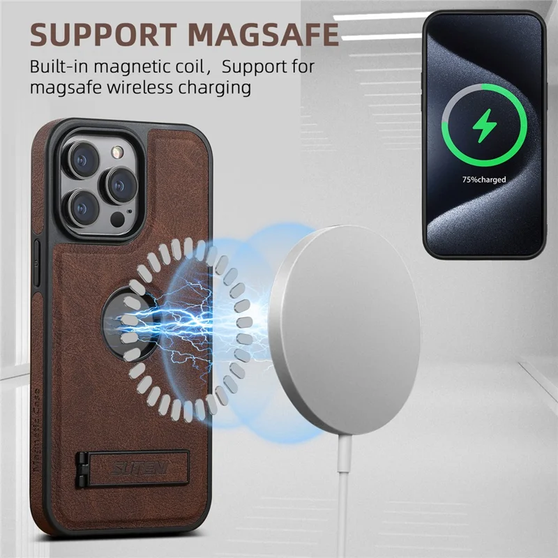 SUTENI G2 For iPhone 13 Pro Max Magnetic Case Litchi Texture Leather Coated TPU Kickstand Phone Cover - Brown