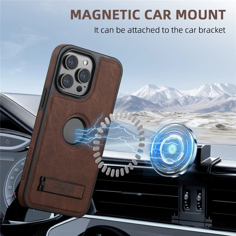 SUTENI G2 For iPhone 13 Pro Max Magnetic Case Litchi Texture Leather Coated TPU Kickstand Phone Cover - Brown