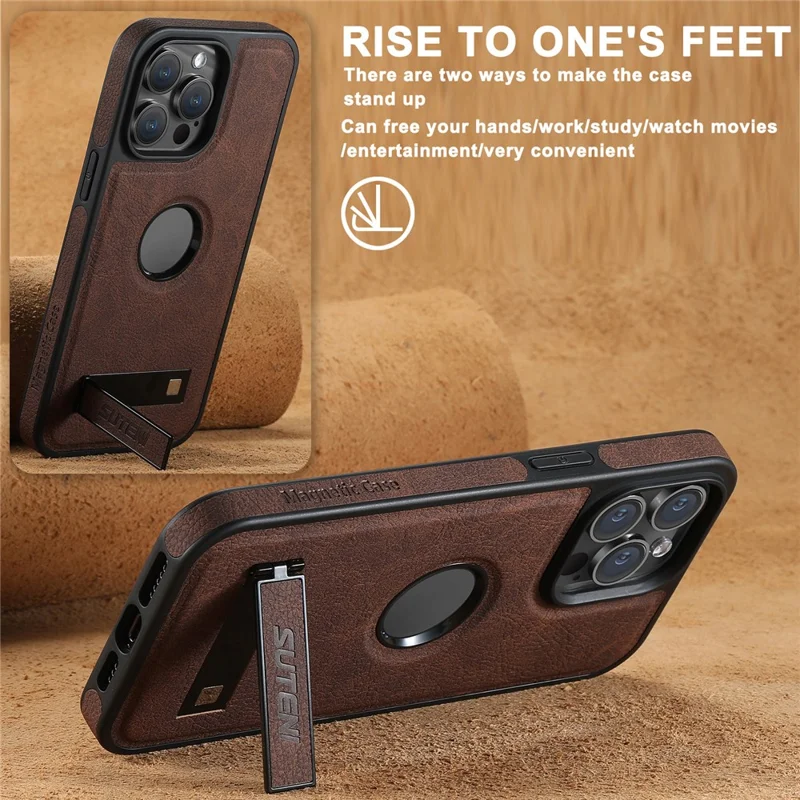 SUTENI G2 For iPhone 13 Pro Max Magnetic Case Litchi Texture Leather Coated TPU Kickstand Phone Cover - Brown