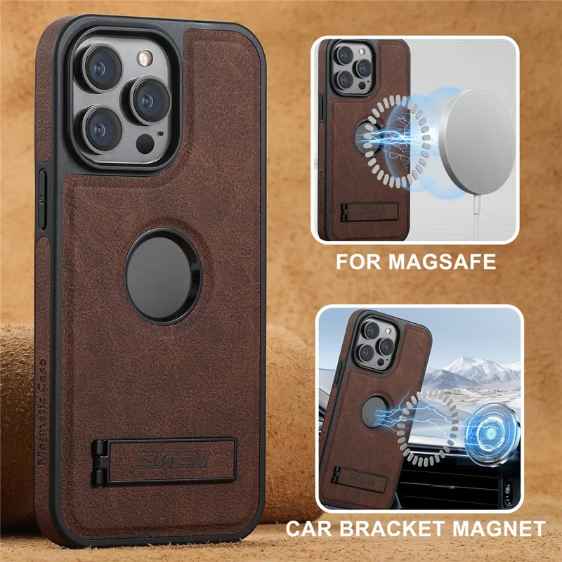 SUTENI G2 For iPhone 13 Pro Max Magnetic Case Litchi Texture Leather Coated TPU Kickstand Phone Cover - Brown
