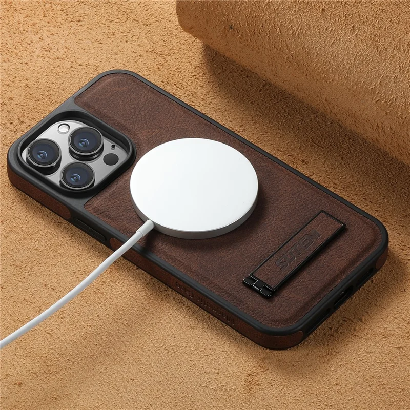 SUTENI G2 For iPhone 13 Pro Max Magnetic Case Litchi Texture Leather Coated TPU Kickstand Phone Cover - Brown