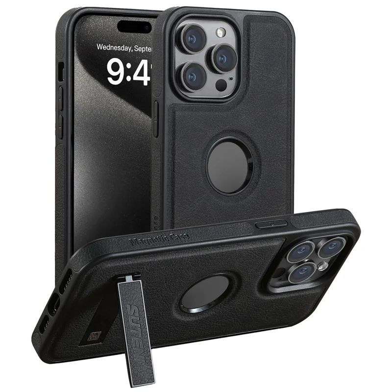 SUTENI G2 For iPhone 14 Pro Magnetic Case Litchi Texture Leather+TPU Kickstand Phone Cover - Black