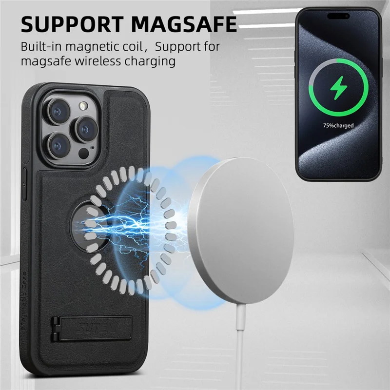 SUTENI G2 For iPhone 14 Pro Magnetic Case Litchi Texture Leather+TPU Kickstand Phone Cover - Black