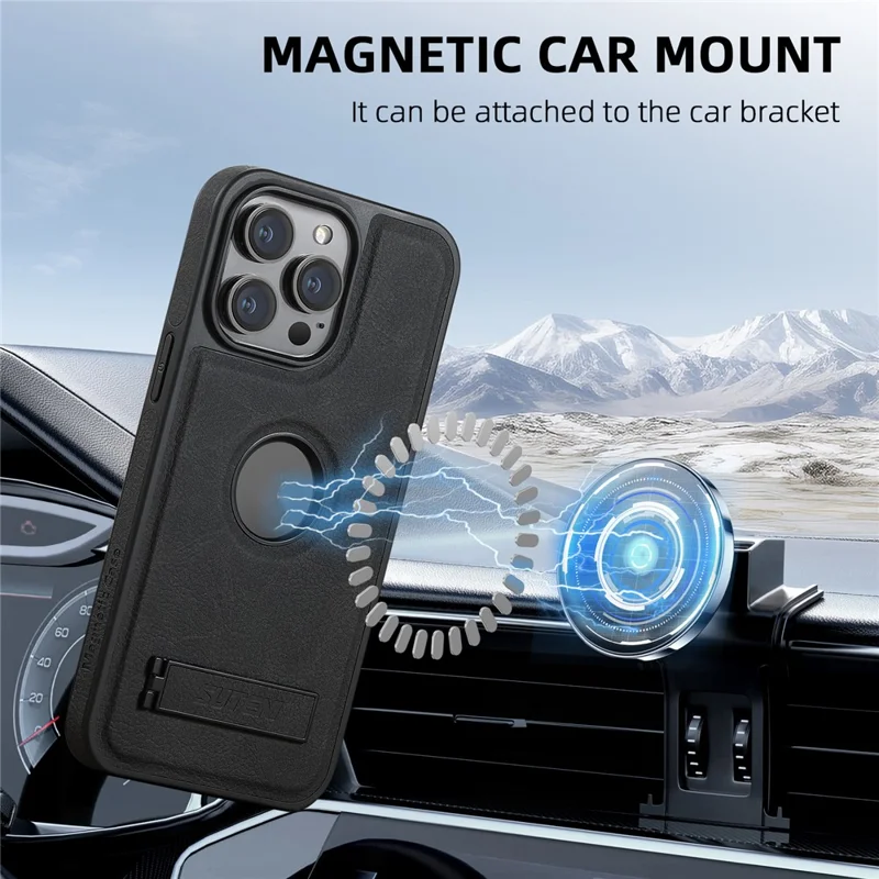 SUTENI G2 For iPhone 14 Pro Magnetic Case Litchi Texture Leather+TPU Kickstand Phone Cover - Black