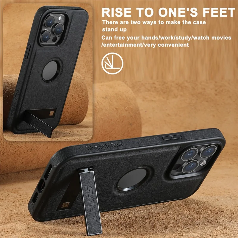 SUTENI G2 For iPhone 14 Pro Magnetic Case Litchi Texture Leather+TPU Kickstand Phone Cover - Black