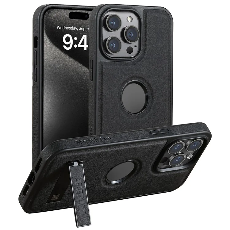 SUTENI G2 Hülle für iPhone 15 Pro Max mit Ständer, Litchi-Struktur PU+TPU Handyhülle, kompatibel mit MagSafe - Schwarz
