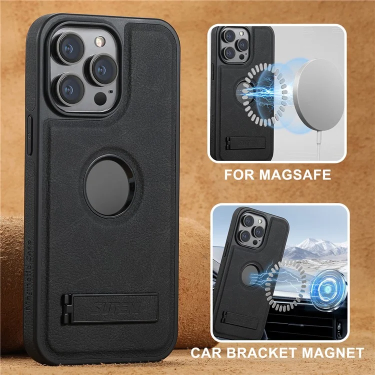 SUTENI G2 Hülle für iPhone 15 Pro Max mit Ständer, Litchi-Struktur PU+TPU Handyhülle, kompatibel mit MagSafe - Schwarz
