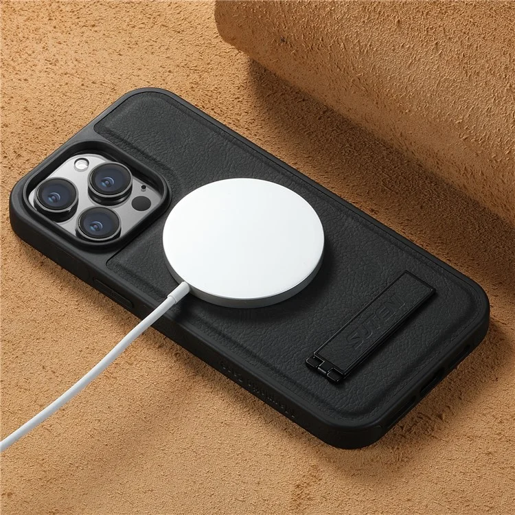 SUTENI G2 Hülle für iPhone 15 Pro Max mit Ständer, Litchi-Struktur PU+TPU Handyhülle, kompatibel mit MagSafe - Schwarz