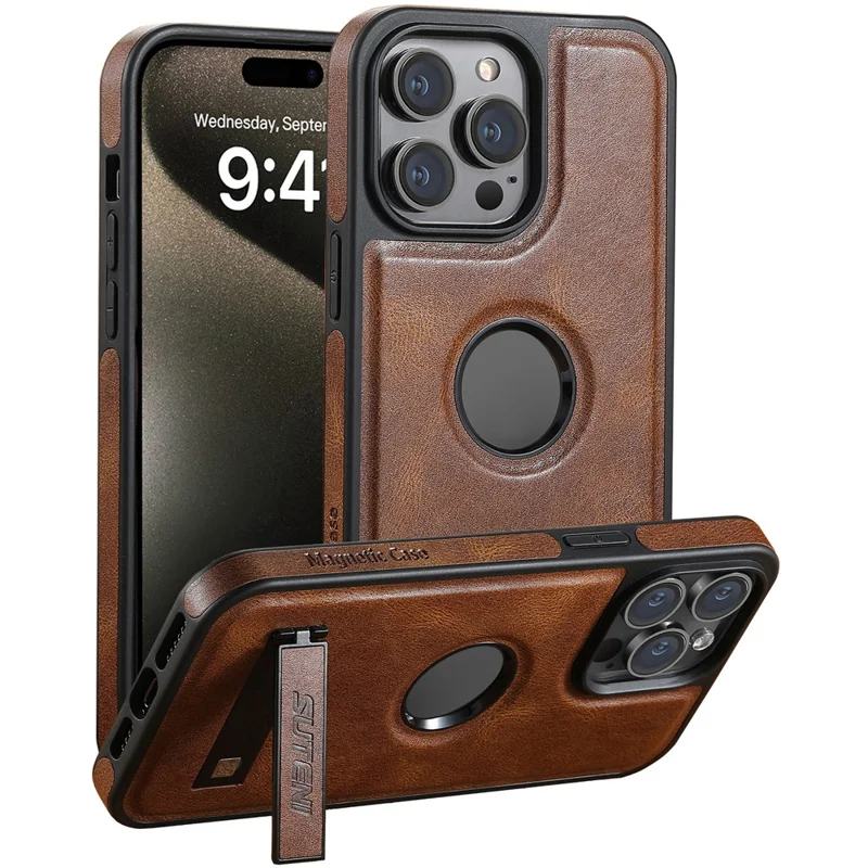SUTENI G2 For iPhone 15 Pro Max Magnetic Case Waxy Texture Leather + TPU Phone Cover - Brown