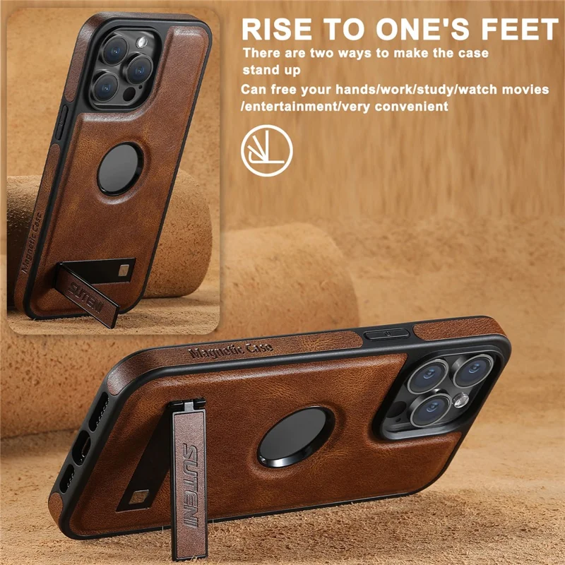 SUTENI G2 For iPhone 15 Pro Max Magnetic Case Waxy Texture Leather + TPU Phone Cover - Brown