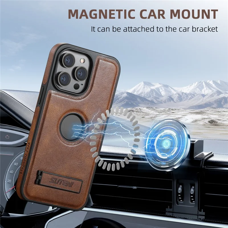 SUTENI G2 For iPhone 15 Pro Max Magnetic Case Waxy Texture Leather + TPU Phone Cover - Brown