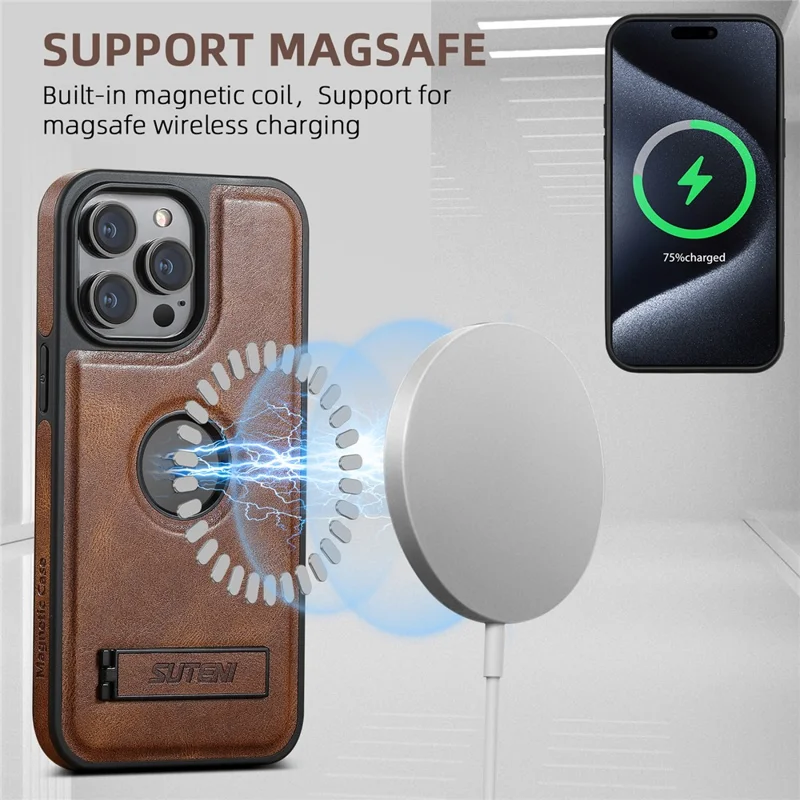 SUTENI G2 For iPhone 15 Pro Max Magnetic Case Waxy Texture Leather + TPU Phone Cover - Brown