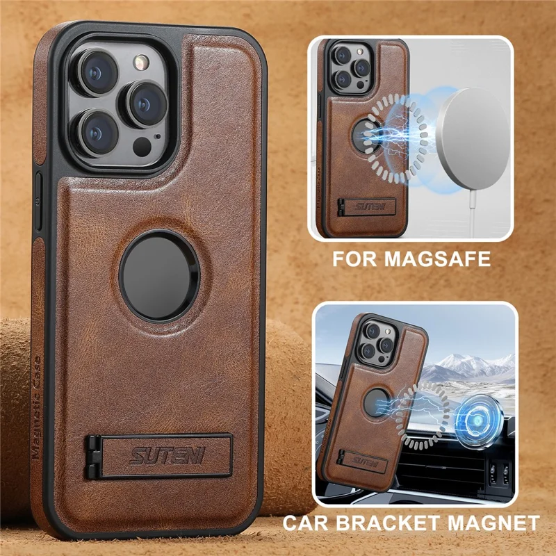 SUTENI G2 For iPhone 15 Pro Max Magnetic Case Waxy Texture Leather + TPU Phone Cover - Brown