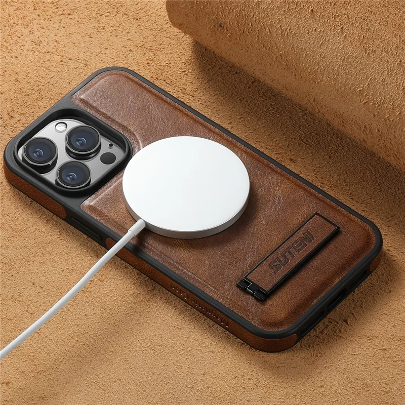 SUTENI G2 For iPhone 15 Pro Max Magnetic Case Waxy Texture Leather + TPU Phone Cover - Brown
