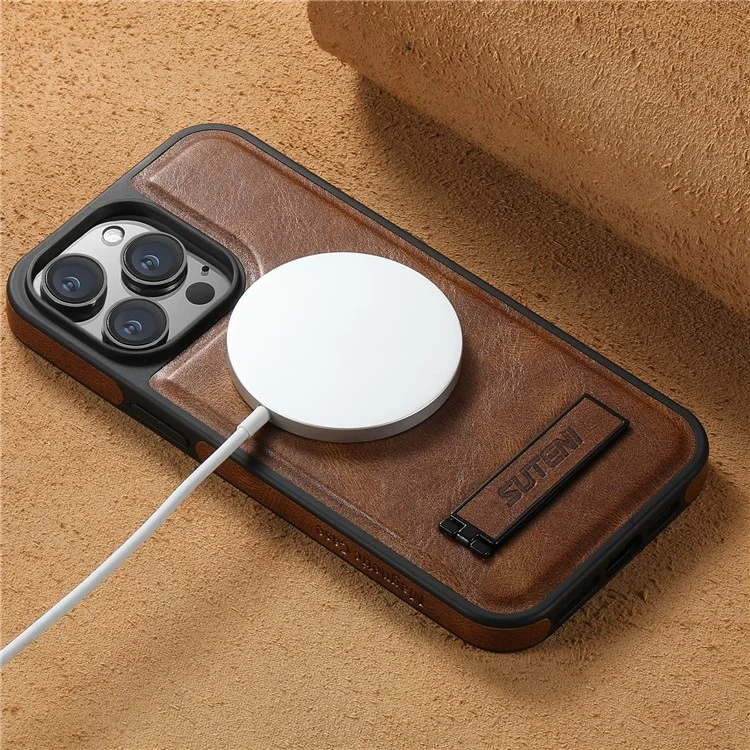 SUTENI G2 Para iPhone 13 Pro Capa Magnética de Couro Marrom da Tampa do Telefone com Textura Encerada e Suporte Invisível
