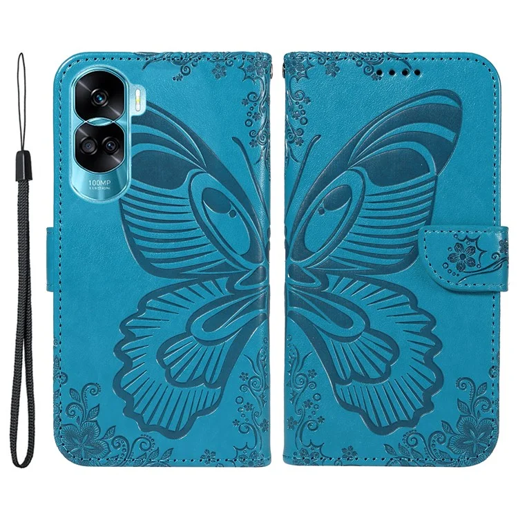 Чехол-кошелек для For Honor 90 Lite 5G / X50i 5G с бабочкиным рисунком, противоударный, из искусственной кожи - синий