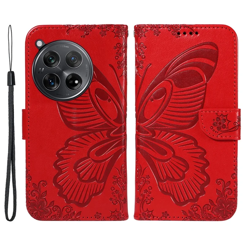 For OnePlus 12 5G Case Butterfly Imprint Leather Wallet Phone Cover with Strap - Red