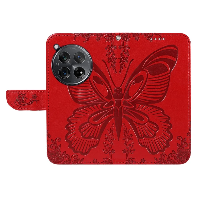 For OnePlus 12 5G Case Butterfly Imprint Leather Wallet Phone Cover with Strap - Red