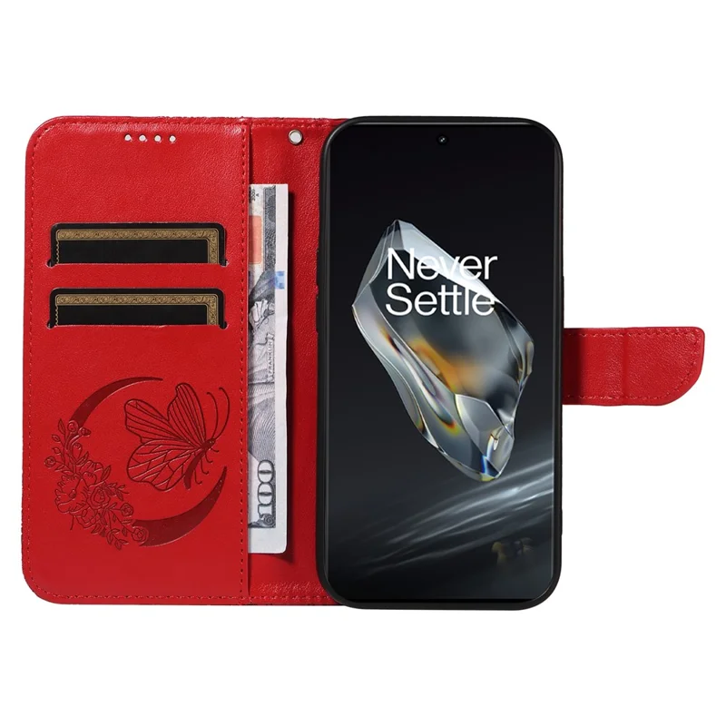 For OnePlus 12 5G Case Butterfly Imprint Leather Wallet Phone Cover with Strap - Red