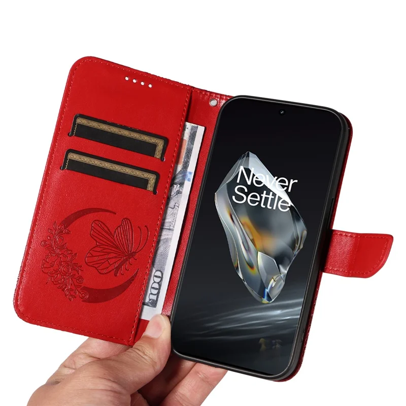 For OnePlus 12 5G Case Butterfly Imprint Leather Wallet Phone Cover with Strap - Red