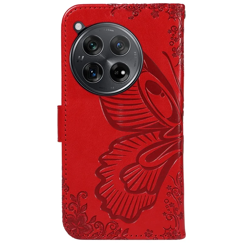 For OnePlus 12 5G Case Butterfly Imprint Leather Wallet Phone Cover with Strap - Red