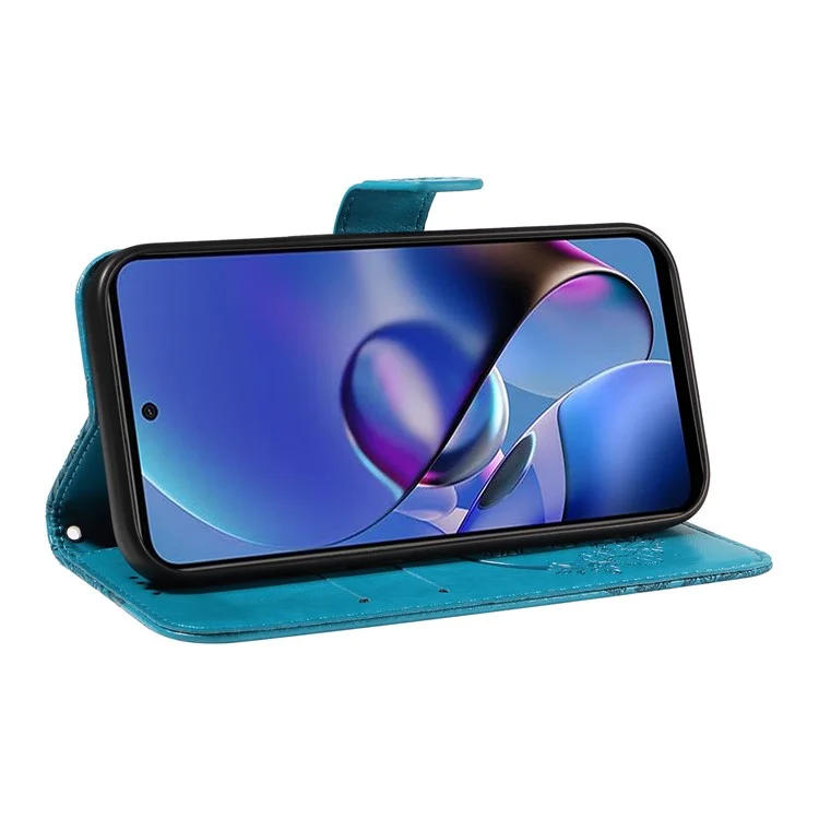Para Motorola Moto G54 5G Leather Phone Case com Fecho Magnético Borboleta Impresso - Azul