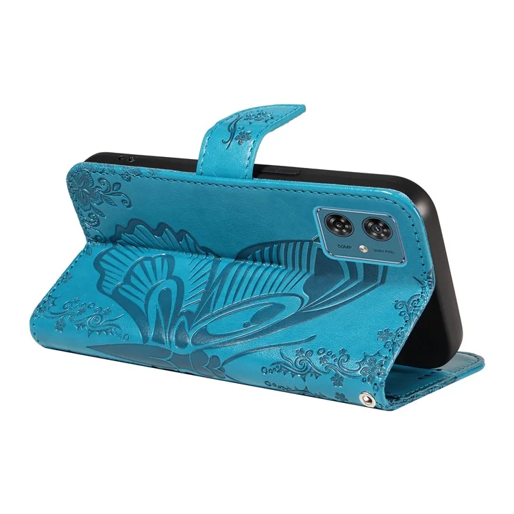 Para Motorola Moto G54 5G Leather Phone Case com Fecho Magnético Borboleta Impresso - Azul