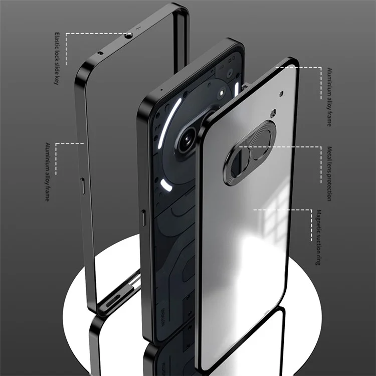 For Nothing Phone (2a) Case Pop-Up Snap Lock Anti-Drop Aluminium Alloy+PC Matte Phone Cover - Black
