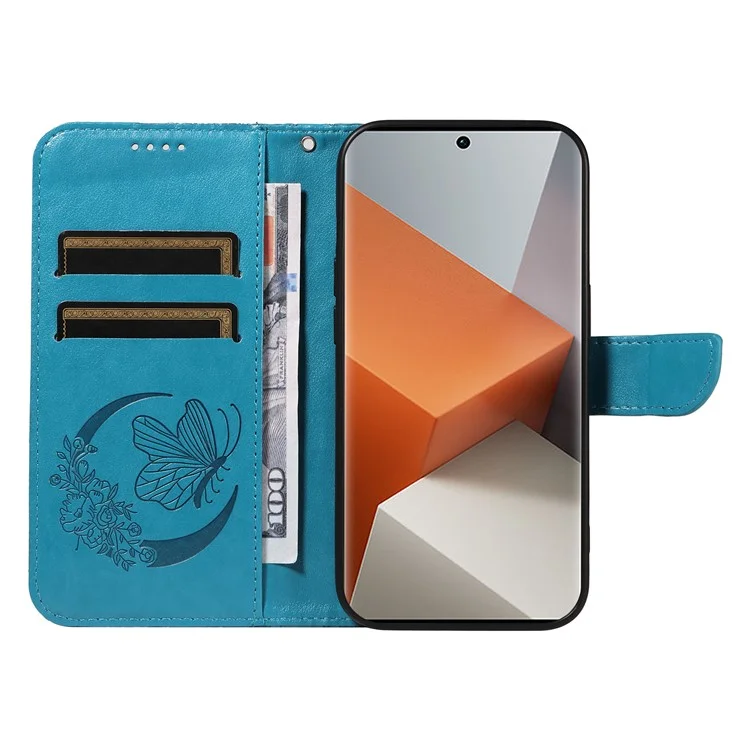 For Xiaomi Redmi Note 13 Pro+ 5G Case Butterfly Pattern PU Leather Folio Flip Phone Cover - Blue