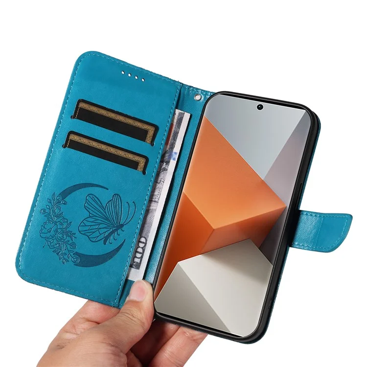 For Xiaomi Redmi Note 13 Pro+ 5G Case Butterfly Pattern PU Leather Folio Flip Phone Cover - Blue