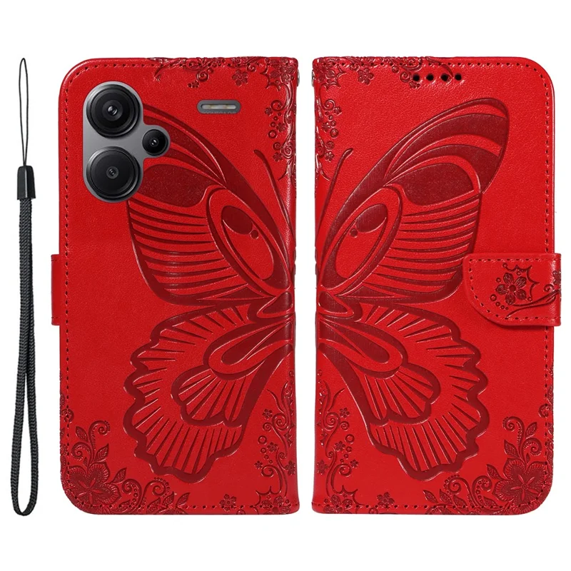 For Xiaomi Redmi Note 13 Pro+ 5G Case Butterfly Pattern PU Leather Folio Flip Phone Cover - Red