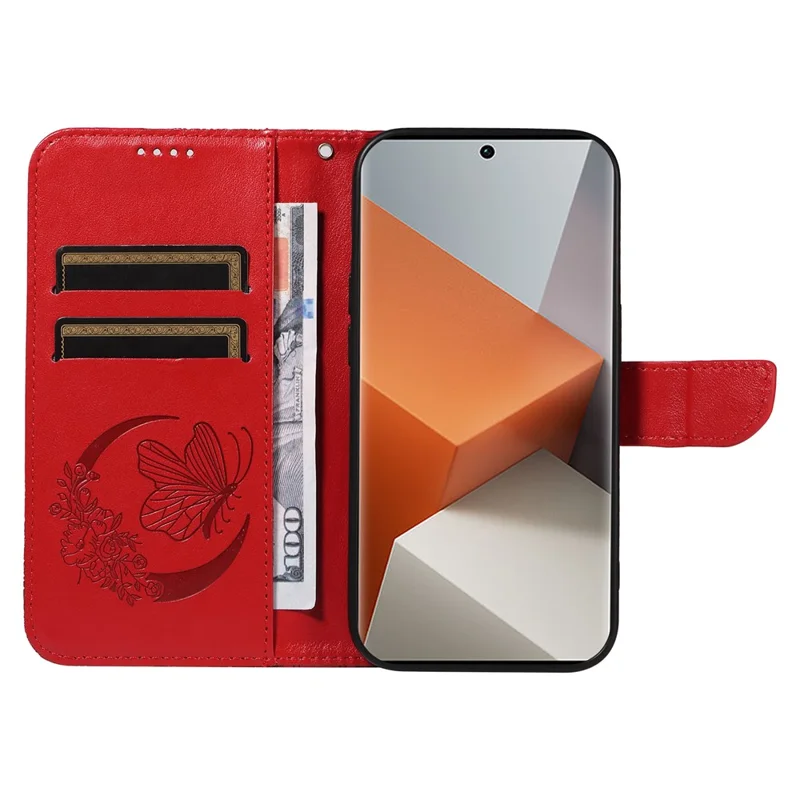 For Xiaomi Redmi Note 13 Pro+ 5G Case Butterfly Pattern PU Leather Folio Flip Phone Cover - Red