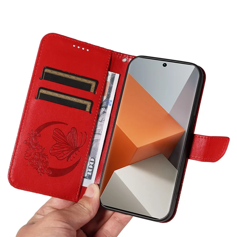 For Xiaomi Redmi Note 13 Pro+ 5G Case Butterfly Pattern PU Leather Folio Flip Phone Cover - Red