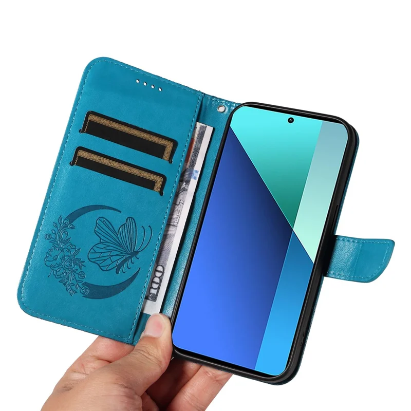 Für Xiaomi Redmi Note 13 4G bedruckter Schmetterlingsmuster-Großhandelsmobiltelefon-Koffer PU-Leder Flip-Telefonabdeckung - Blau