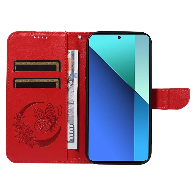 For Xiaomi Redmi Note 13 4G Imprinted Butterfly Pattern   Phone Case PU Leather Flip Phone Cover - Red